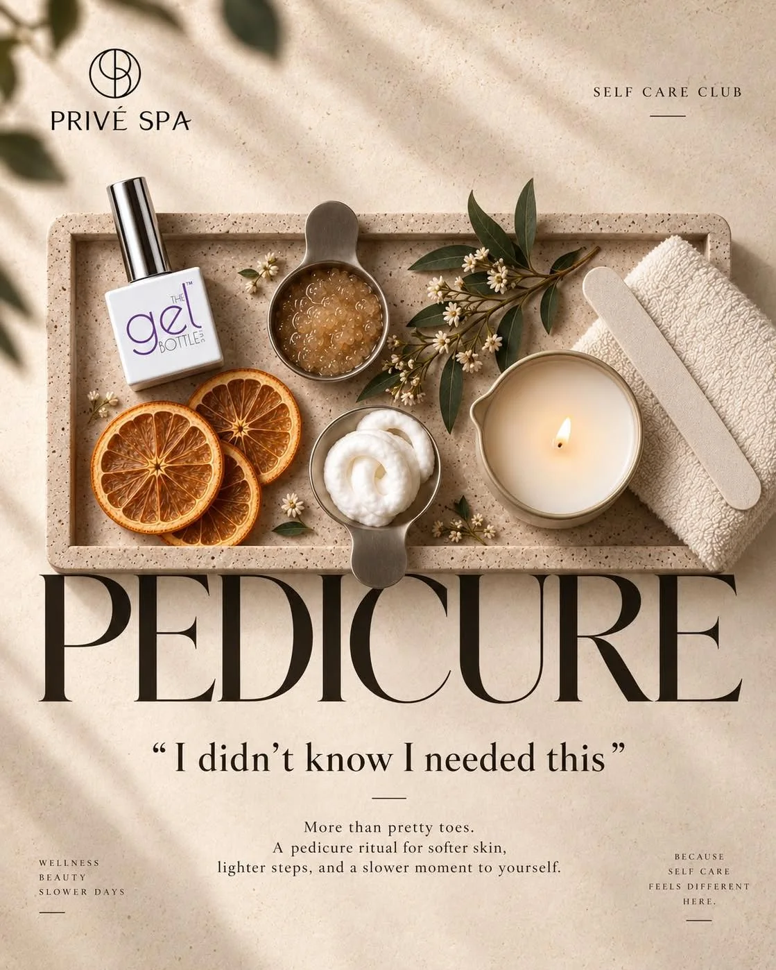 Privé Spa pedicure post with products and warm styling